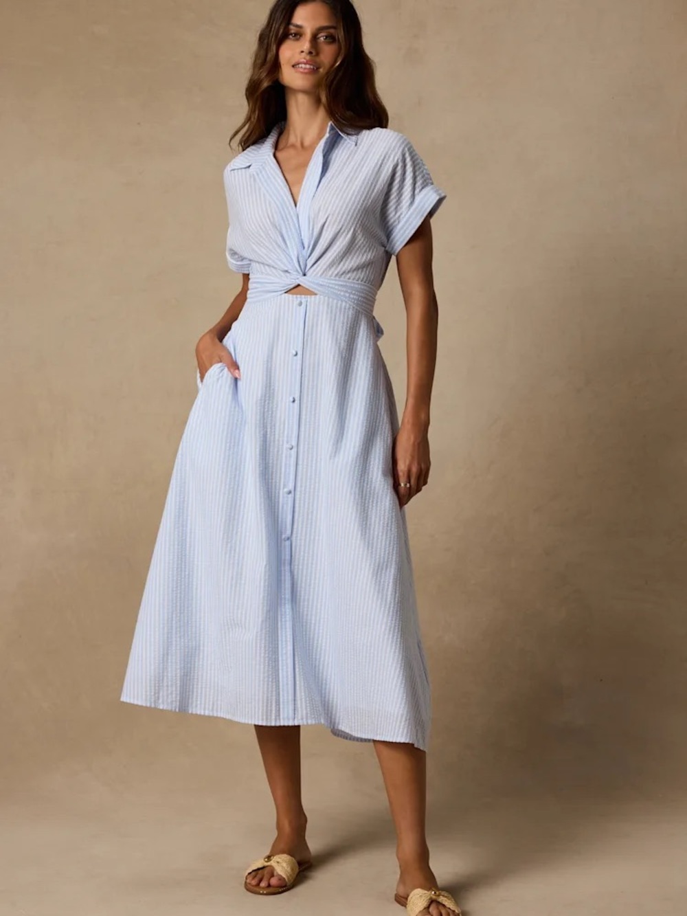 Lulu's | Light Blue & White Striped Twist-Front Midi Dress